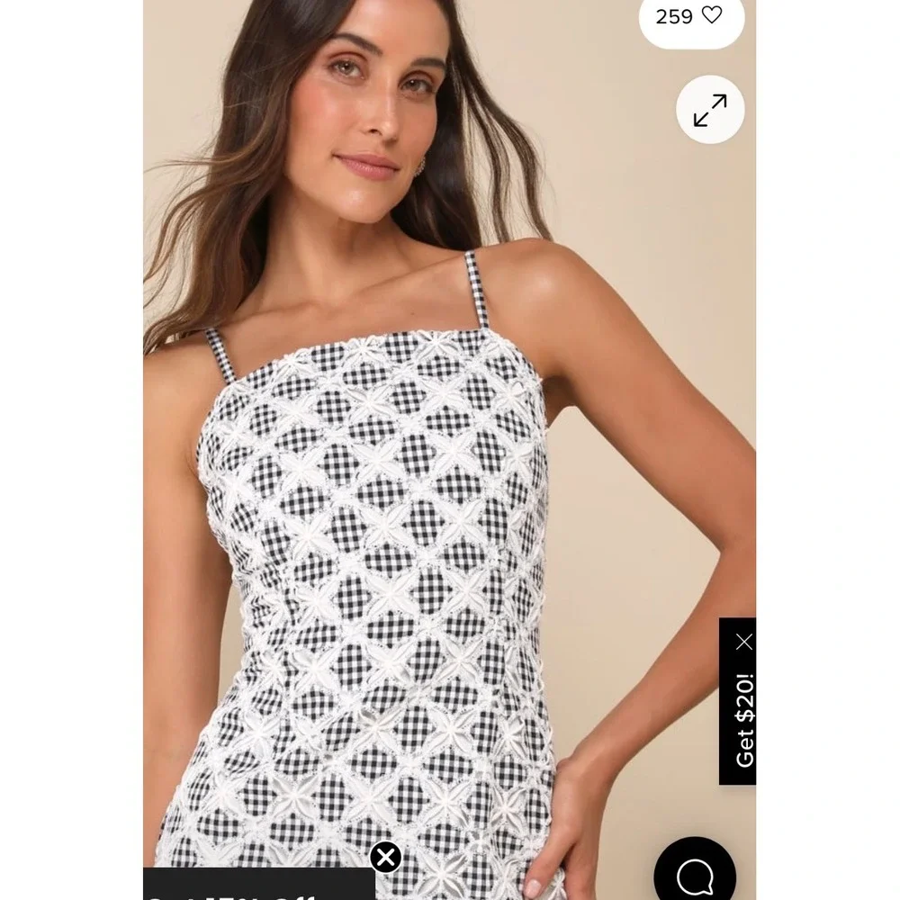 Lulus Gingham Eyelet Midi Dress Black‎ White Checkered Floral Embroidery Cottage